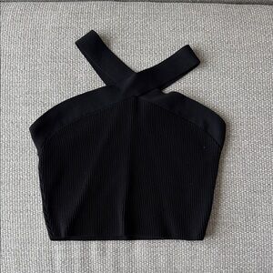 Babaton Black Ribbed Cross-Strap Crop Top